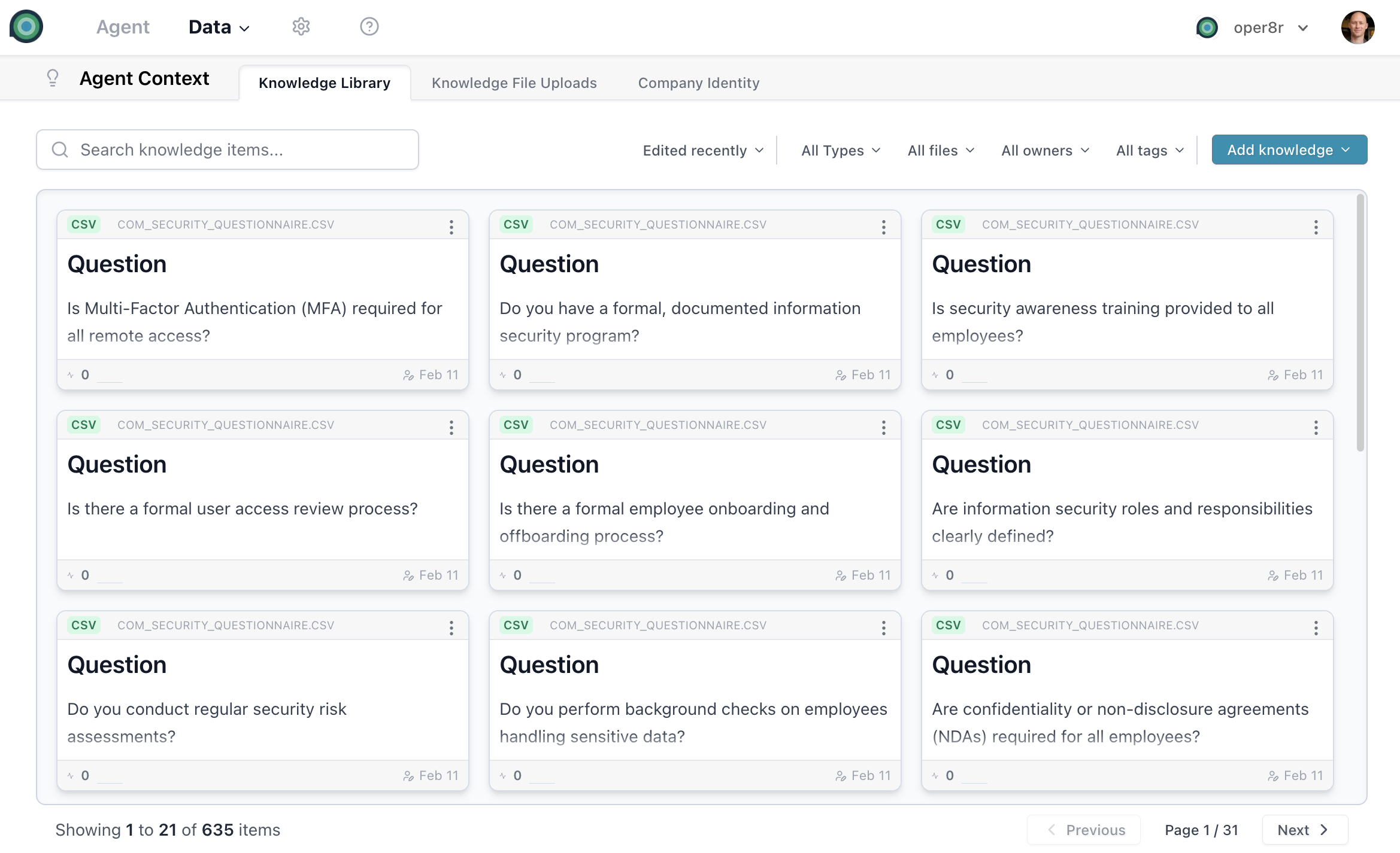 oper8r Knowledge Library — centralized repository for RFP and questionnaire content Knowledge Library grid view showing knowledge item cards with tags, owners, and metadata