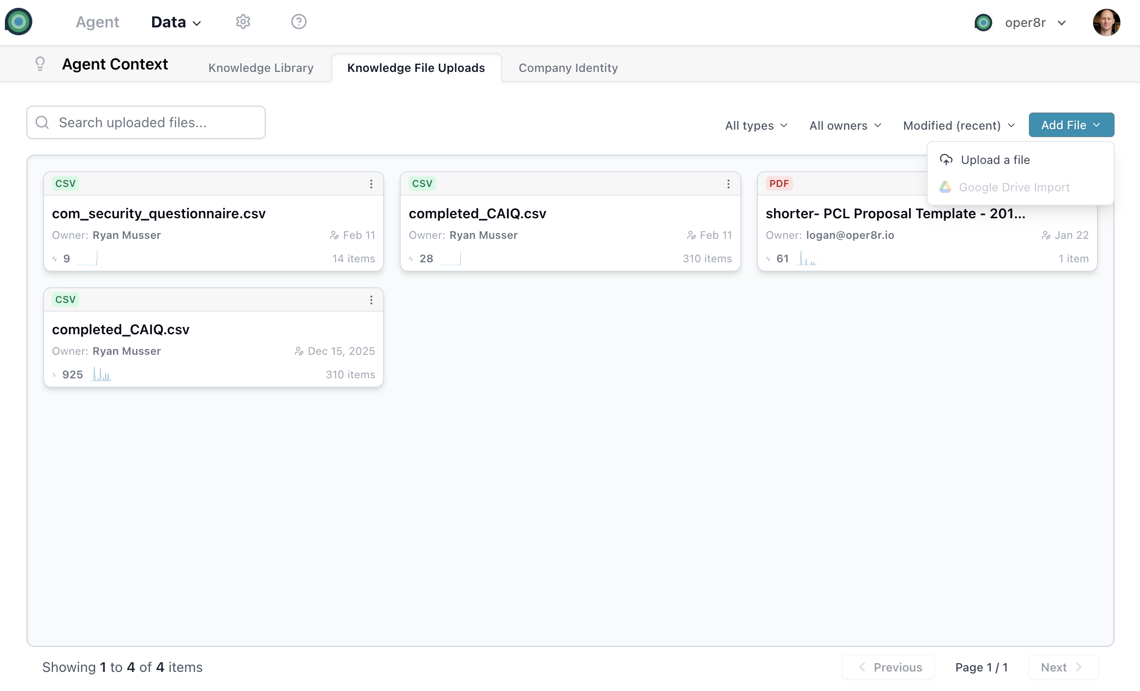 Uploading files to the oper8r knowledge base for AI-powered indexing and retrieval File upload interface with drag-and-drop zone for uploading RFPs, FAQs, and other documents