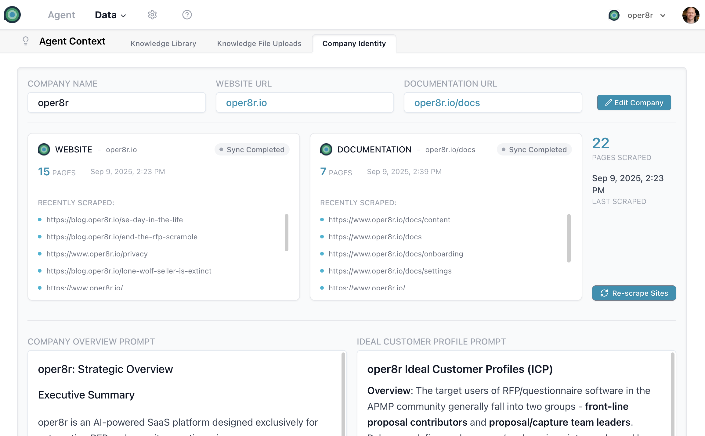Configuring your company identity for personalized AI-generated responses Company Identity form with company name, website URL, and documentation URL fields