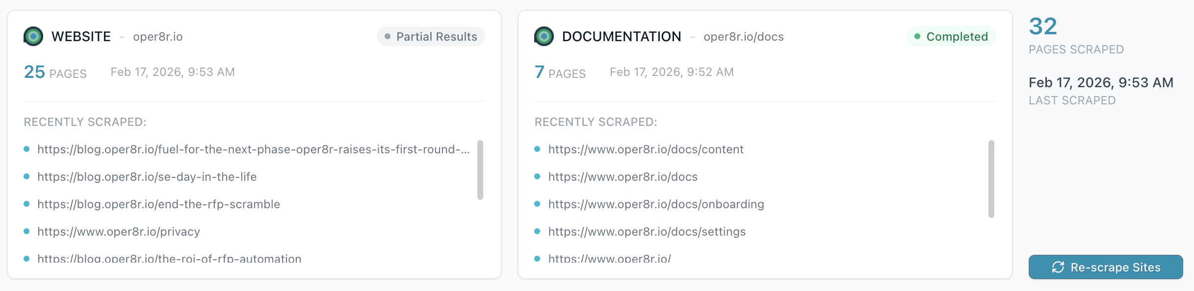 The Scrape Status Card shows context on what pages oper8r has scraped on your company The Scrape Status Card shows context on what pages oper8r has scraped on your company
