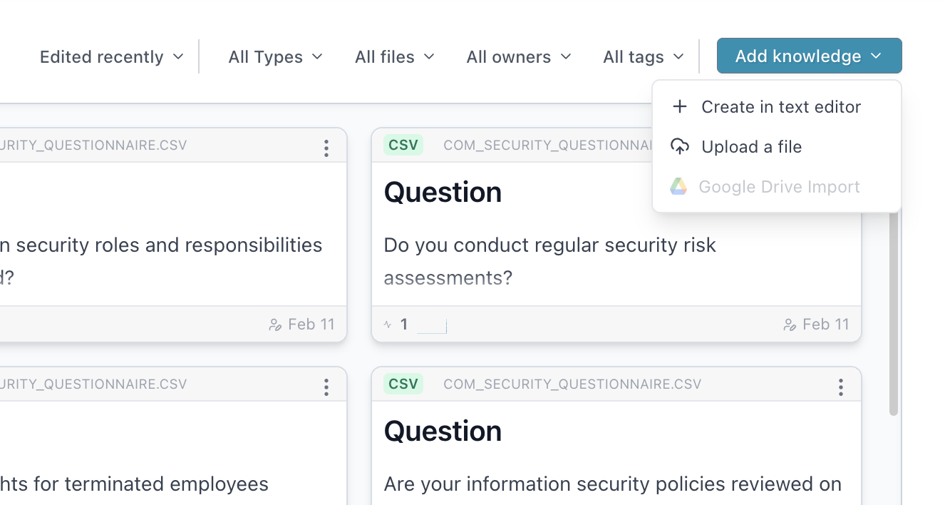 Adding new knowledge items to the oper8r Knowledge Library Add knowledge dropdown menu showing options to create via text editor, upload a file, or auto-generate