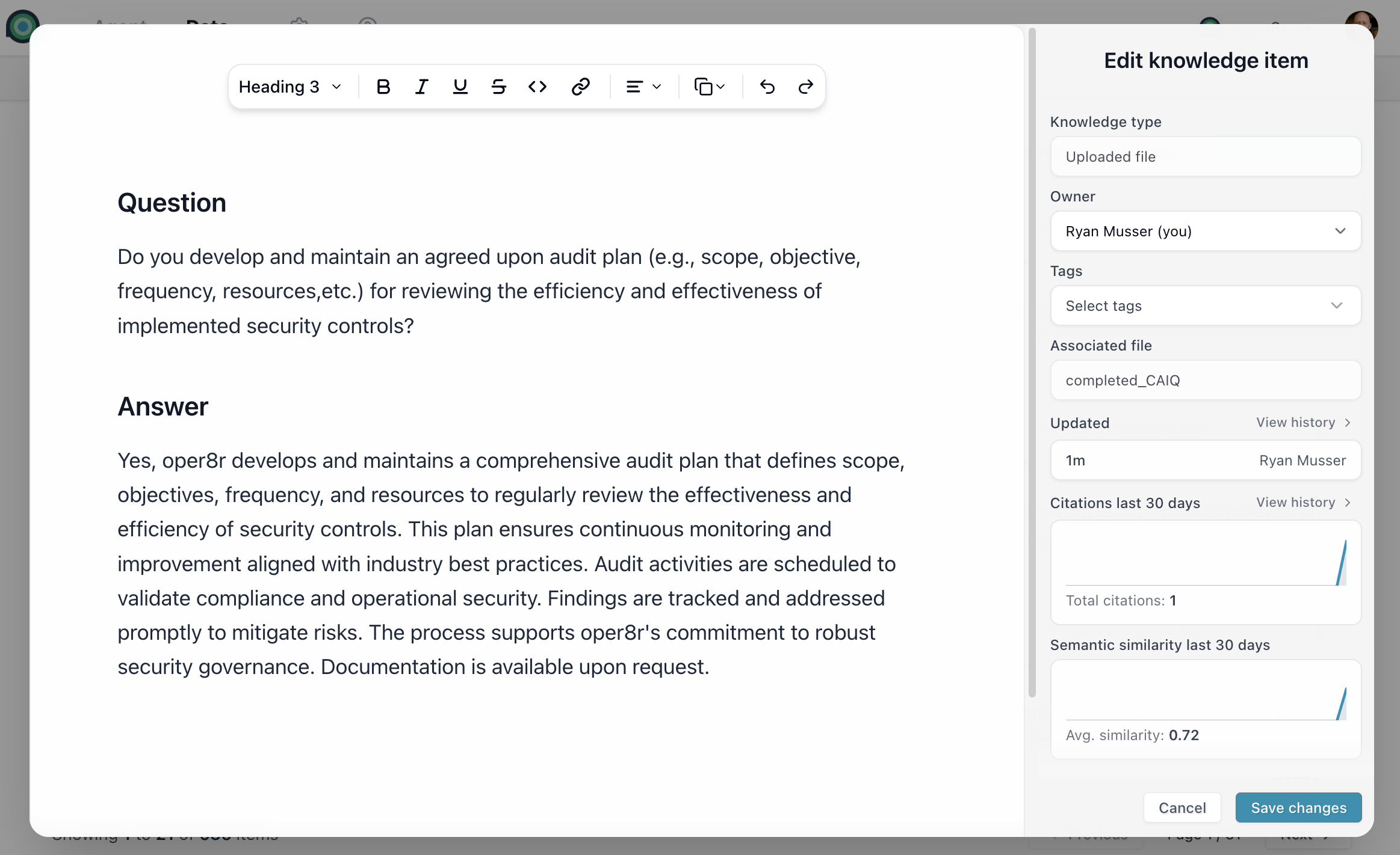 Editing a knowledge item in the rich markdown editor with version history and citations Knowledge item detail modal with markdown editor on the left and metadata sidebar on the right