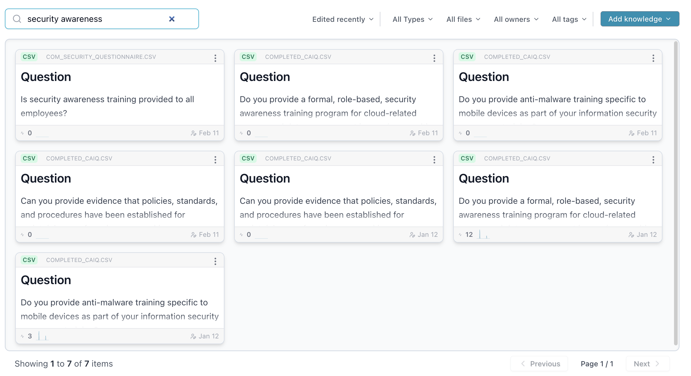 Searching and sorting knowledge items with advanced filtering options Search bar with sort dropdown showing options like edited recently, cited most, and created recently