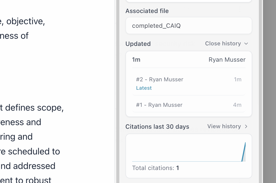 Knowledge item version history with auto-snapshots tracking every edit Version history panel showing numbered snapshots with actors and timestamps