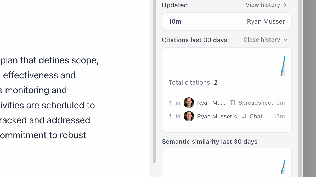 Tracking how knowledge items are cited across chat, document, and spreadsheet sessions Citation tracking panel with 30-day sparkline chart and per-session usage breakdown