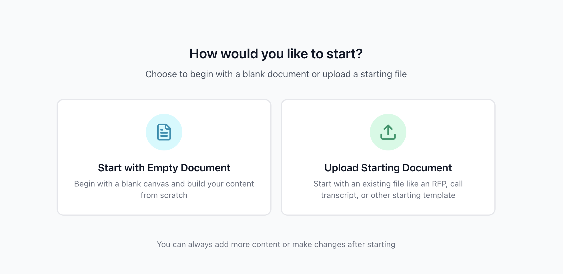 New document session options showing blank document and file upload with supported file types