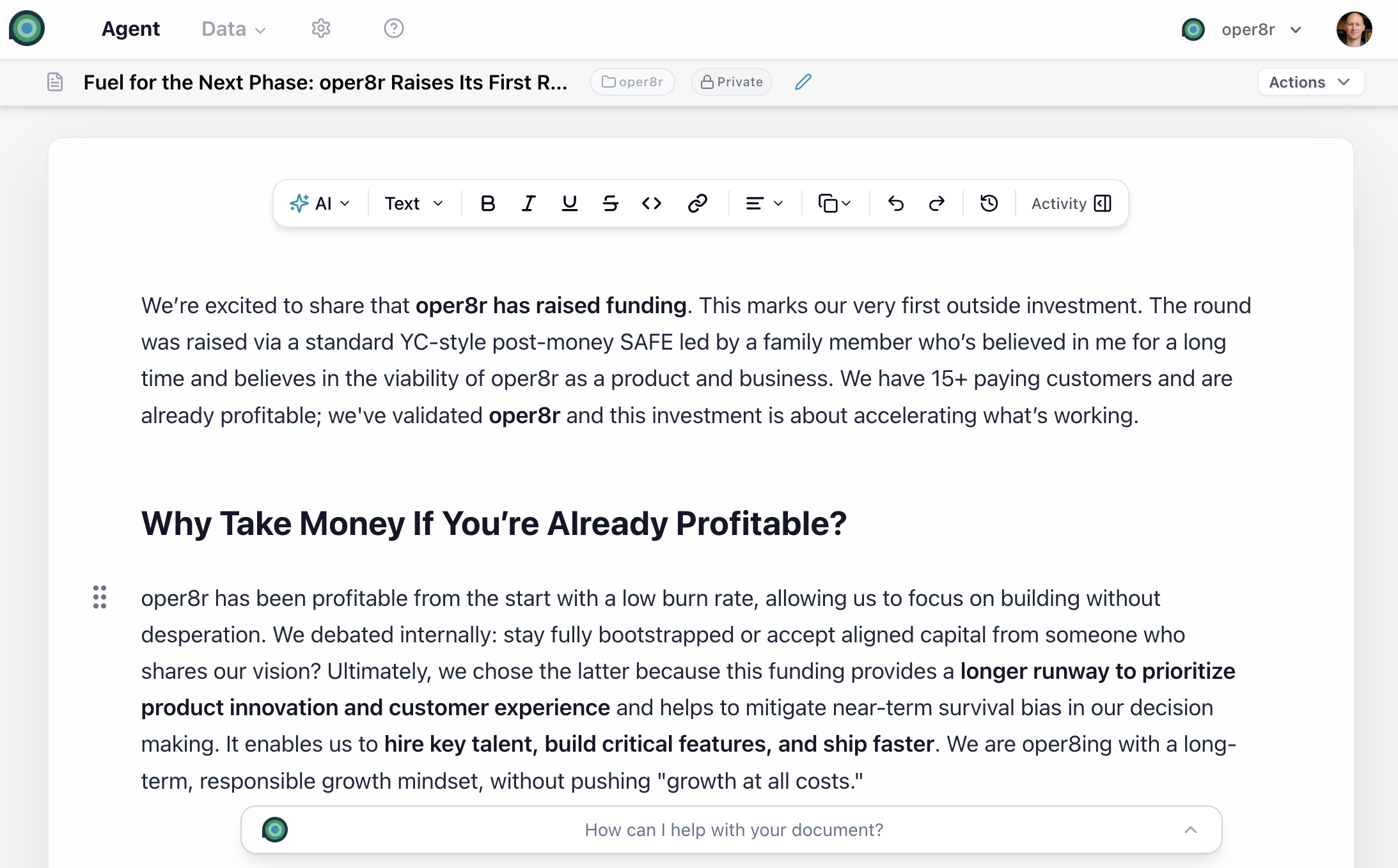 Rich text block editor with formatting toolbar showing bold, headings, lists, and table options