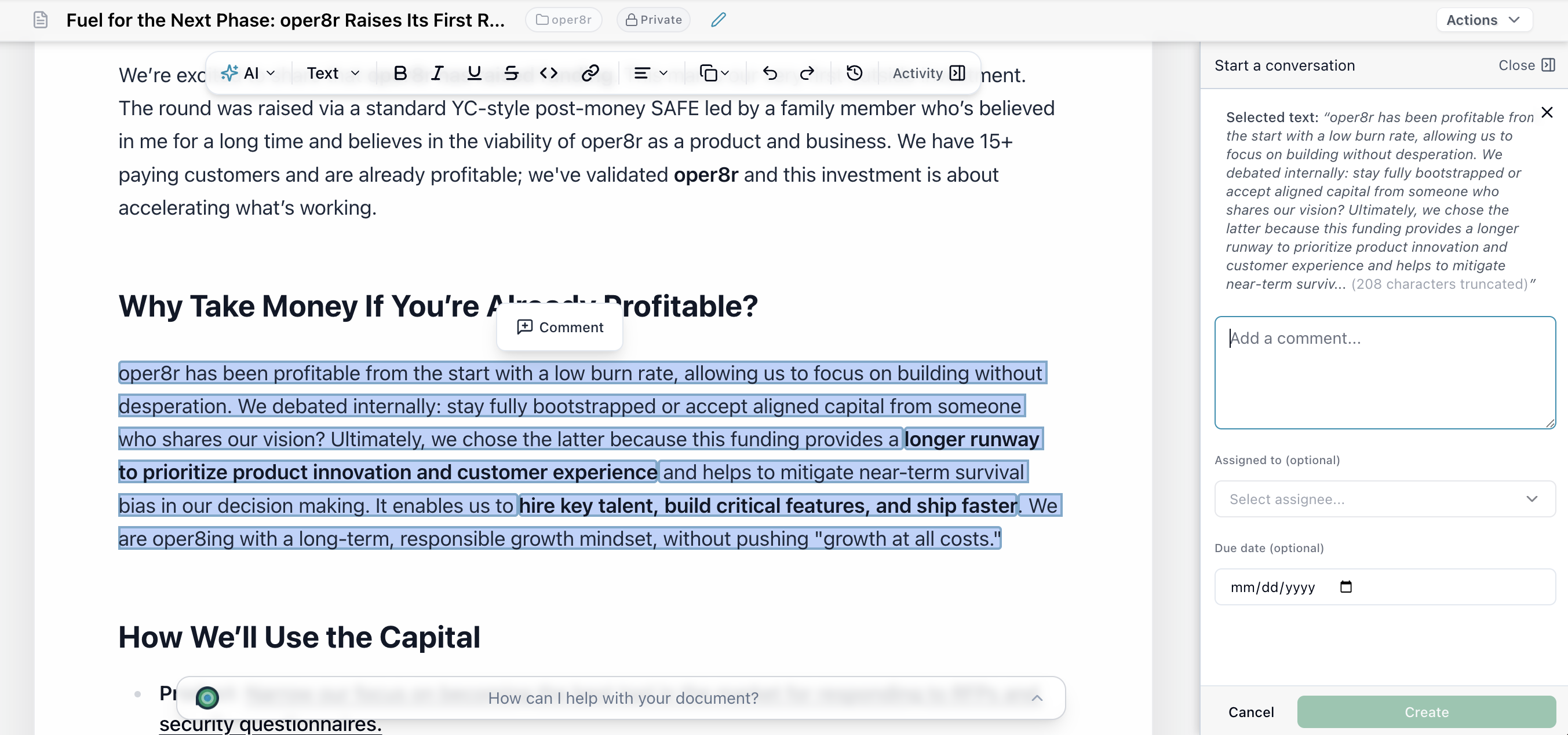 Text selection in the editor with floating composer UI for AI-targeted editing instructions
