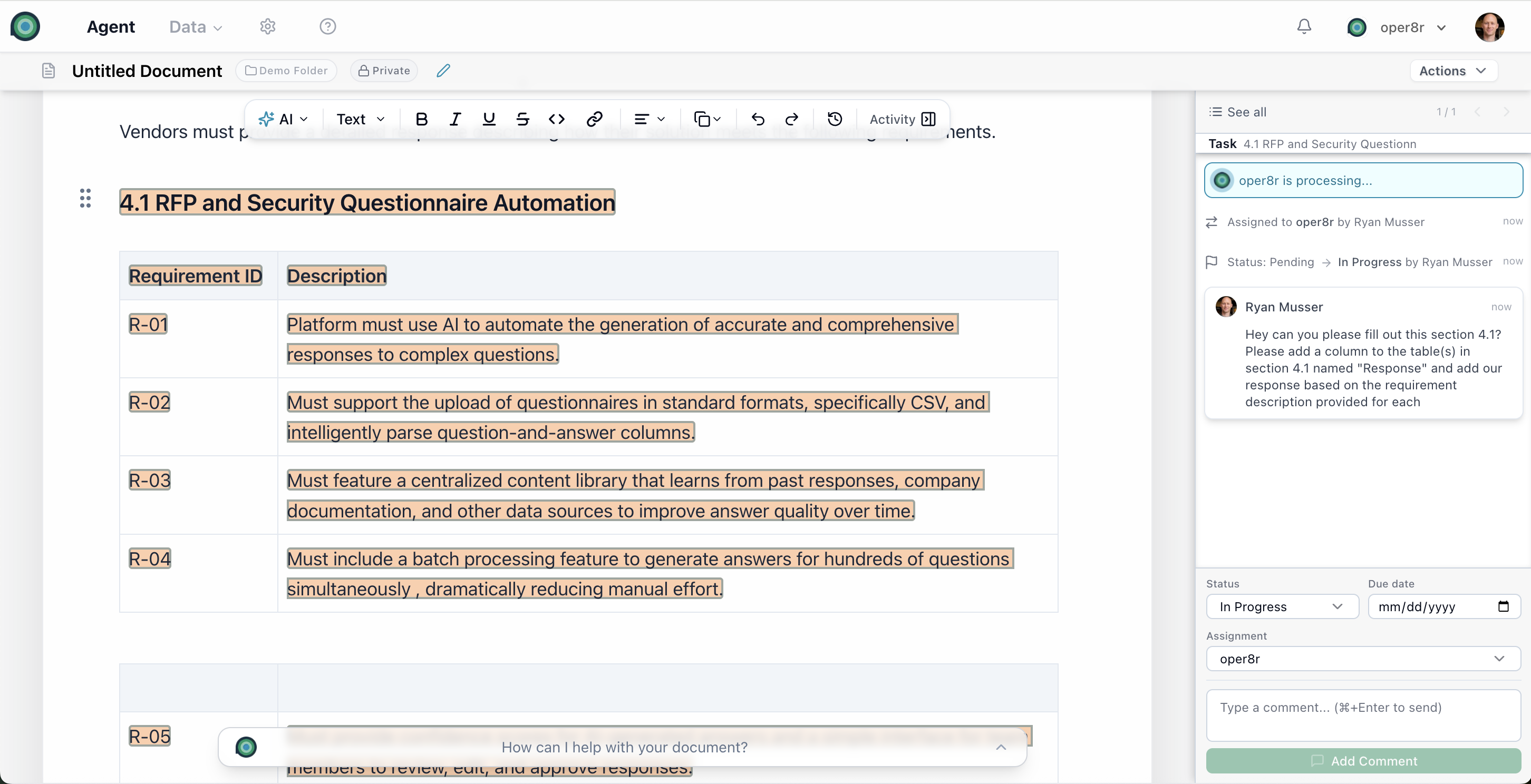 Item Annotation Tray open alongside the document editor showing task details and comment thread
