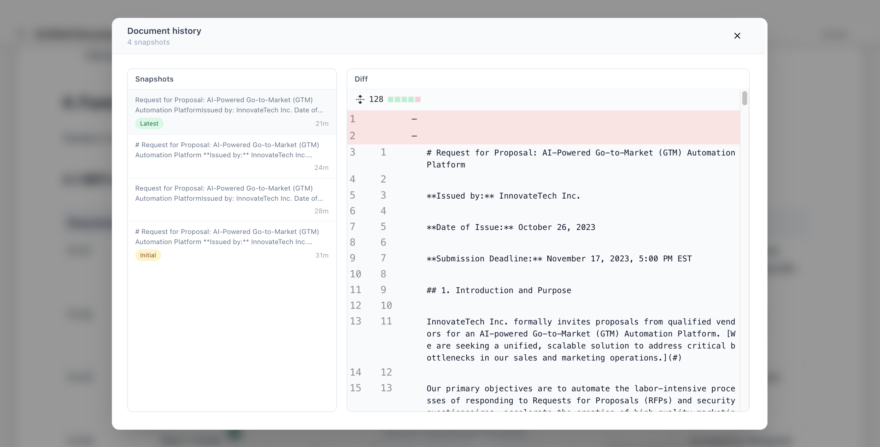 Document version history modal showing numbered snapshots with timestamps and actors