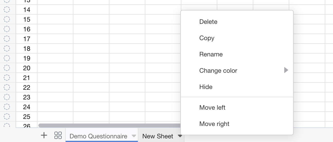 Managing multi-sheet workbooks with rename, reorder, and color-code controls Sheet tab context menu with options to rename, reorder, and color-code tabs