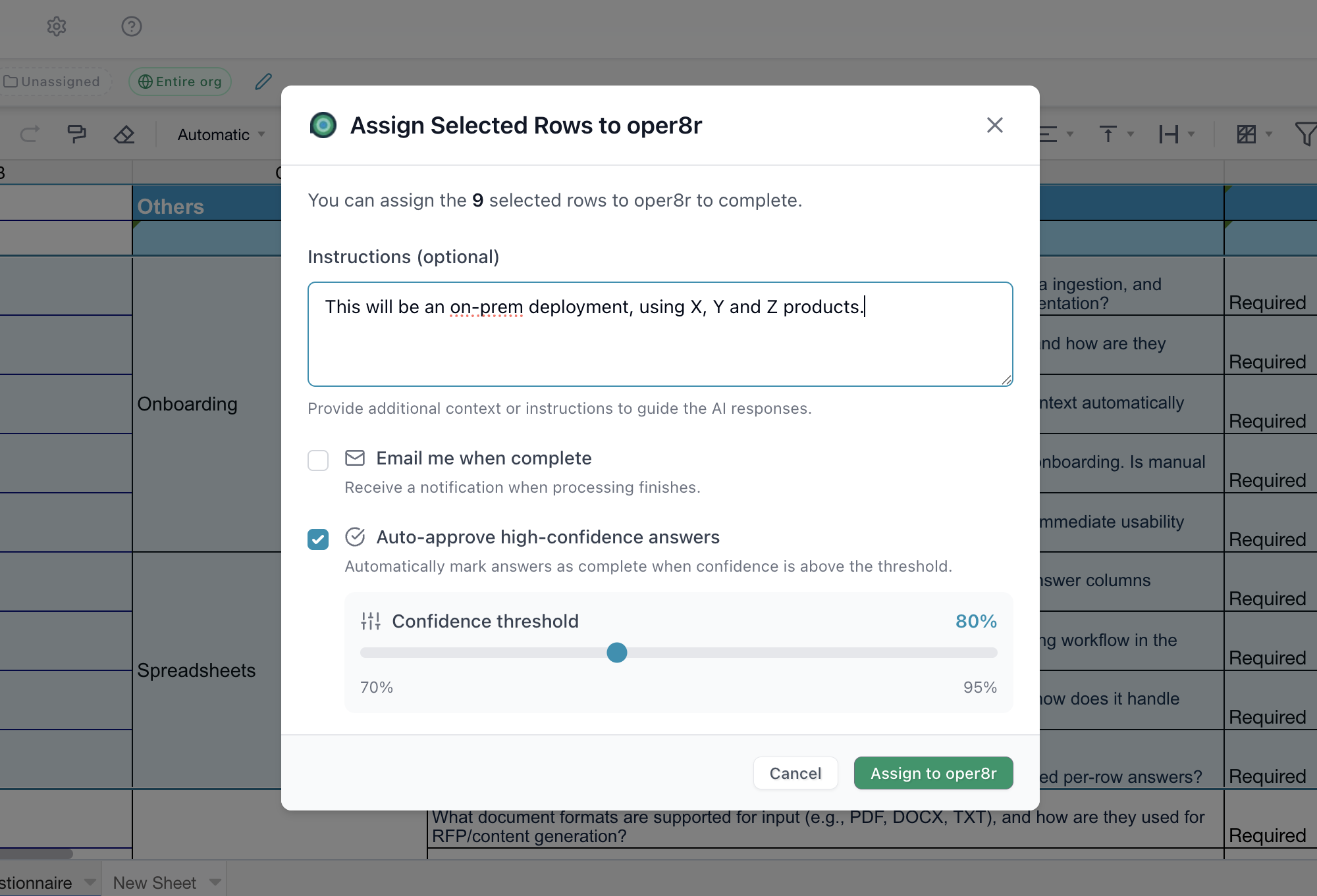 Configuring AI processing options before assigning rows to oper8r Processing configuration modal with custom instructions, email notification, and auto-approve threshold settings