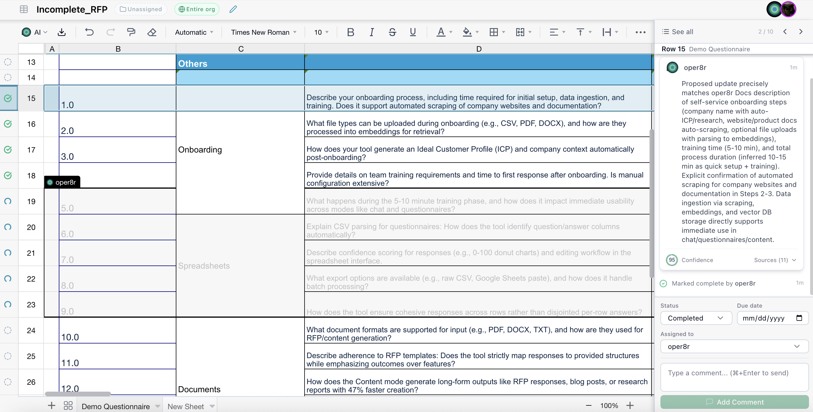 oper8r auto-filling answers from the Knowledge Library with source references AI-generated answer with source citations linking back to knowledge base items