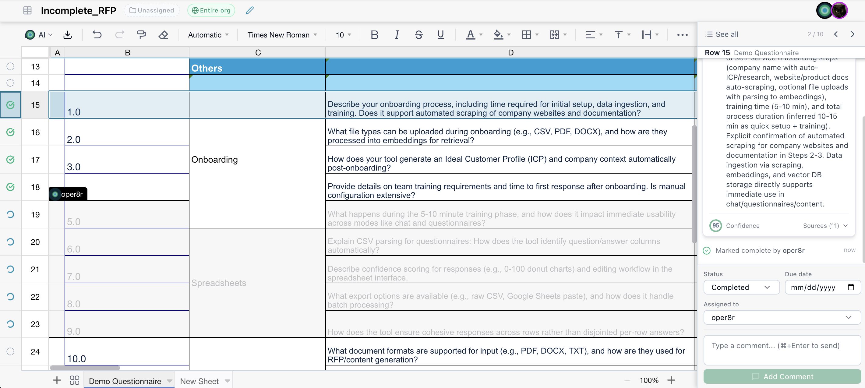 Visual progress tracking on the spreadsheet row header rail Row header rail with green checks, comment bubbles, warning icons, and AI processing indicators