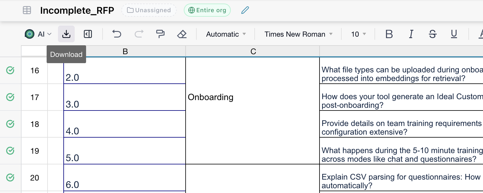 Exporting a completed RFP spreadsheet as a formatted XLSX file Export button and download dialog for saving the completed spreadsheet as an Excel file